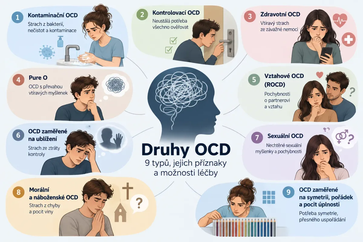 Devět tematických podob OCD znázorněných kolem postavy: kontaminační, kontrolovací, zdravotní, Pure O, vztahové, zaměřené na ublížení, sexuální, morální a náboženské a zaměřené na symetrii.