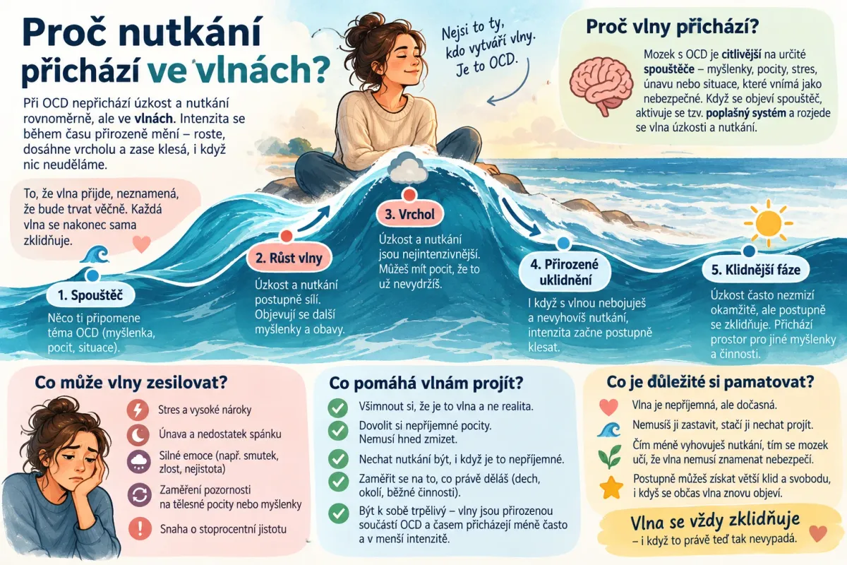 Pětistupňová vlna nutkání: spouštěč, růst vlny, vrchol, přirozené uklidnění a klidnější fáze, znázorněná jako mořská vlna.